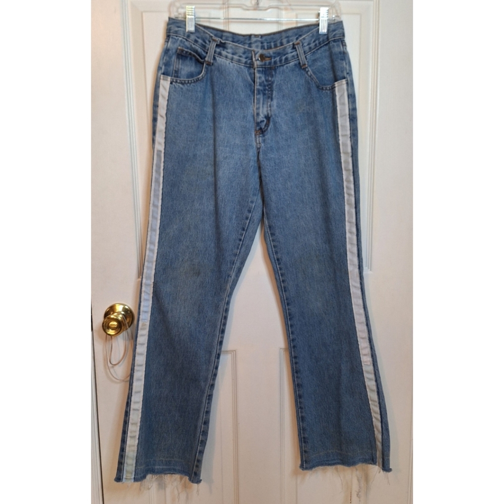 Retro 1 Medium Wash Denim White Stripe Flare Jeans Raw Hem Streetwear Size 8